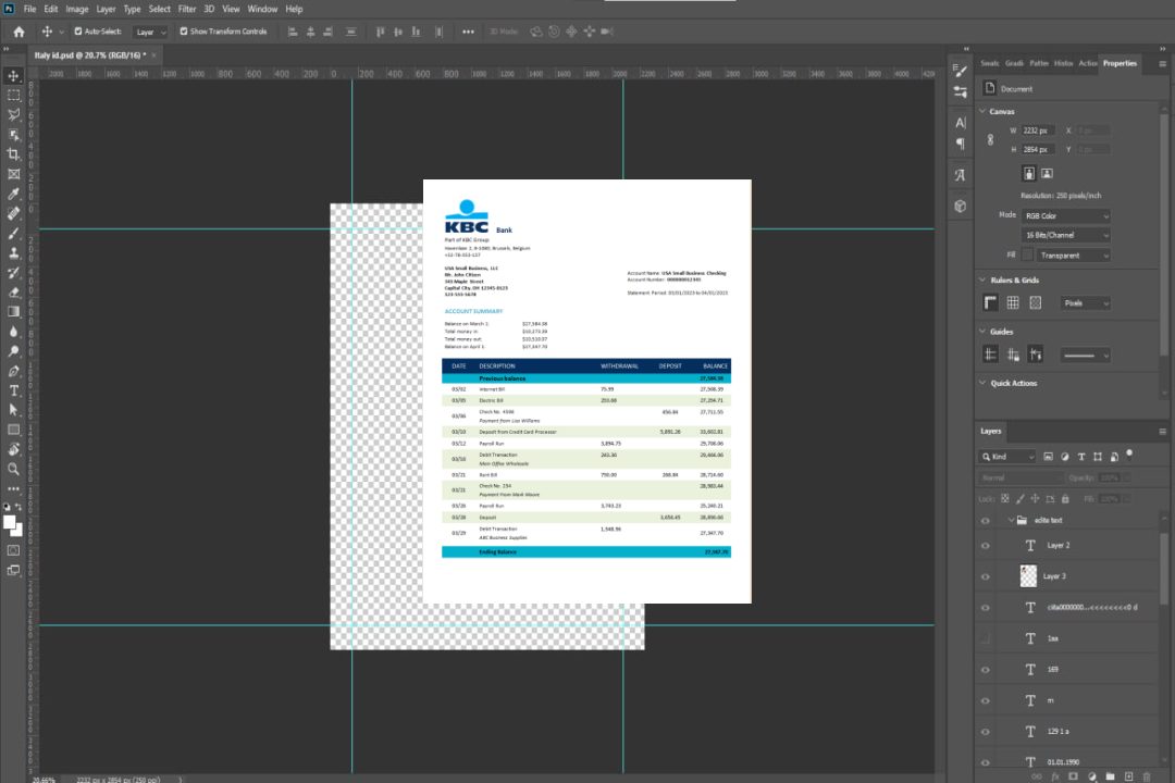 Modèle Word et PDF de relevé de compte d'entreprise KBC Banque template